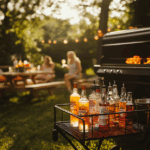 Outdoor trolley with spirits and mixers beside a barbecue, picnic table and guests