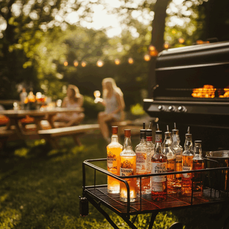 Outdoor trolley with spirits and mixers beside a barbecue, picnic table and guests