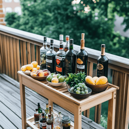 Wooden balcony bar cart with spirits bottles and fresh fruit overlooking treetops