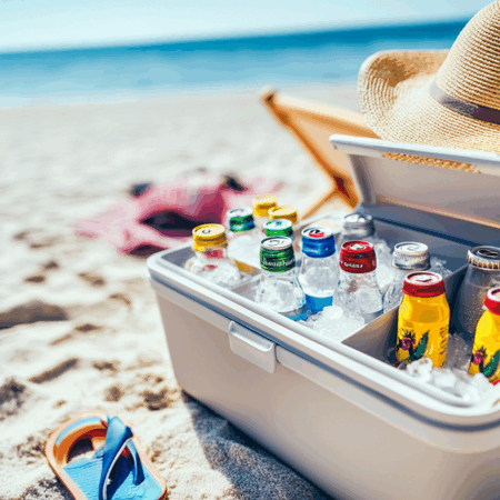 Beach-side cooler filled with ice-cold drinks next to a straw hat and flip-flops