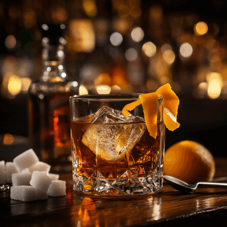 Old Fashioned whiskey cocktail with ice and orange peel on a bar counter