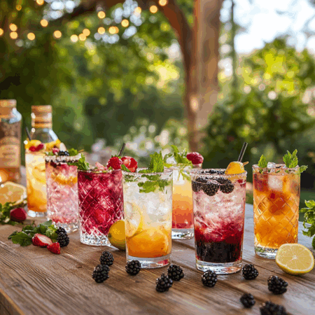 Assorted colourful cocktails with mint, berries and lemon on a wooden garden table
