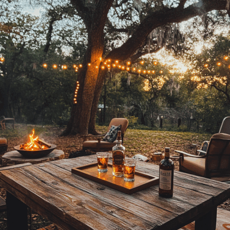 Outdoor evening lounge with string lights, fire pit and tray of whiskey glasses