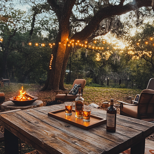 Outdoor evening lounge with string lights, fire pit and tray of whiskey glasses
