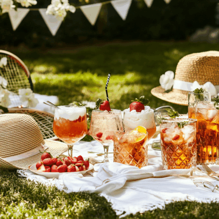 Assorted summer cocktails and fresh strawberries on a picnic blanket with straw hats and tennis rackets in a sunlit garden.