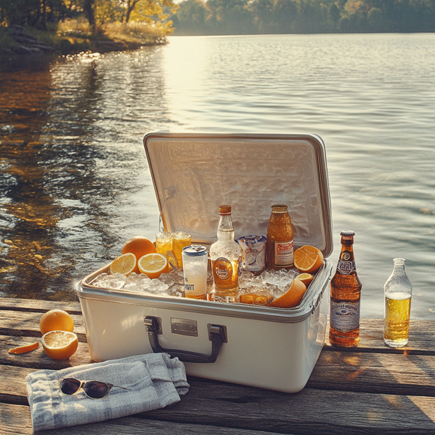 White cooler of ice, bottled drinks and citrus slices on a wooden dock by a lake