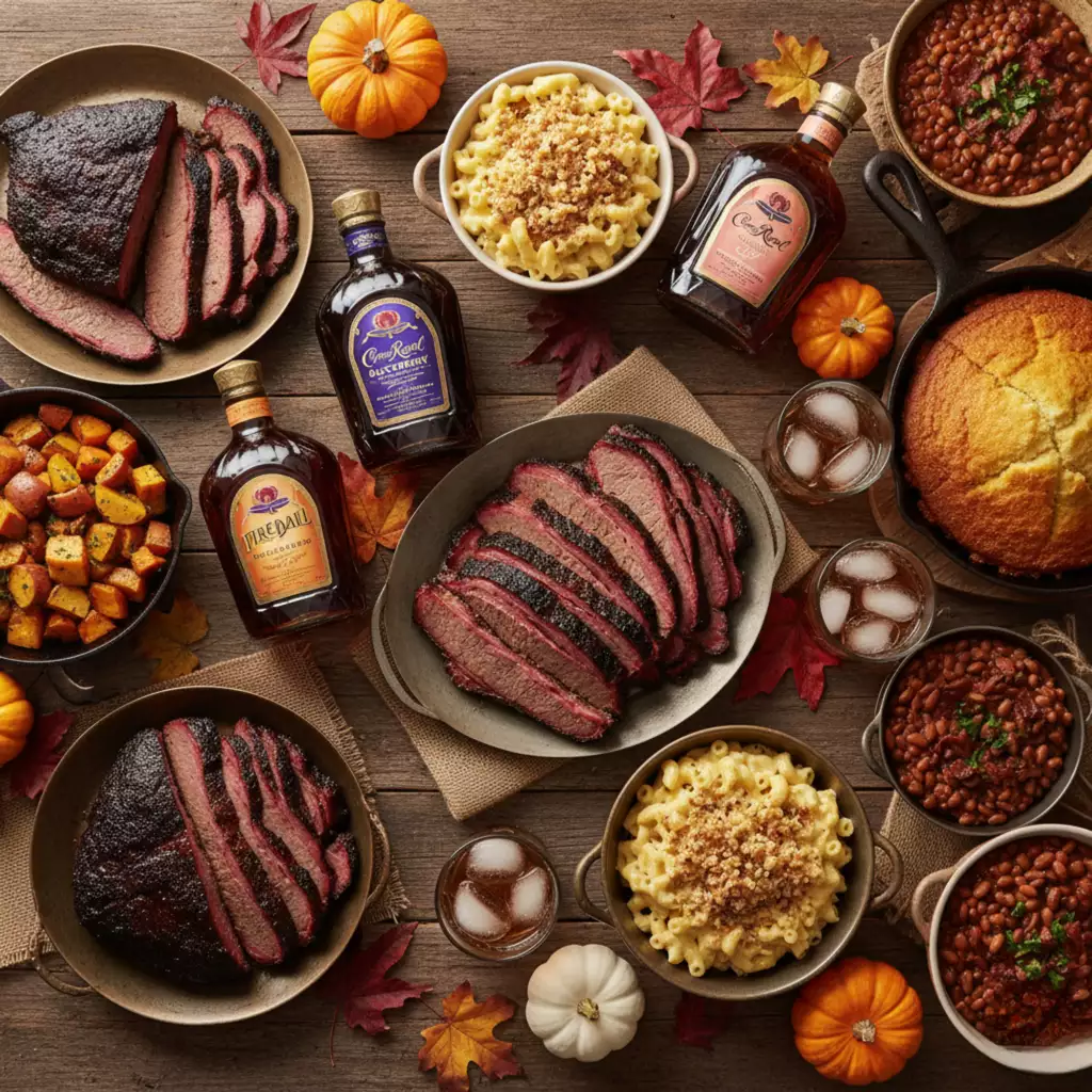 Texas Flavored Whiskeys You’ll Want This Fall Crown Royal Blackberry, Crown Royal Peach, and Fireball whiskey bottles on a rustic fall table with Texas BBQ sides