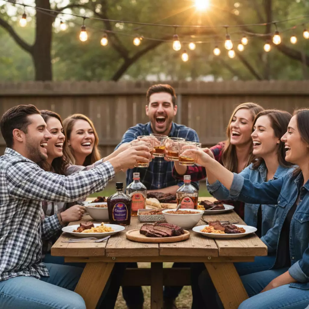 Texas Flavored Whiskeys You’ll Want This Fall Friends raising whiskey glasses at a Texas backyard BBQ with brisket and flavored whiskey bottles.