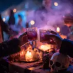 Texas Halloween Party Drinks: Spooky Cocktails and Themed Spirits Guests toasting Halloween cocktails at a spooky Texas party with candles and fog