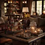 Rustic Texas home bar with bourbon bottles, spiced rum, cider mixers, and glasses on a wooden table with candles