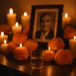 Día De Los Muertos Celebrations: Traditional Mexican Spirits Día de los Muertos altar with candles, marigolds, and a glass of Tequila in a Texas home