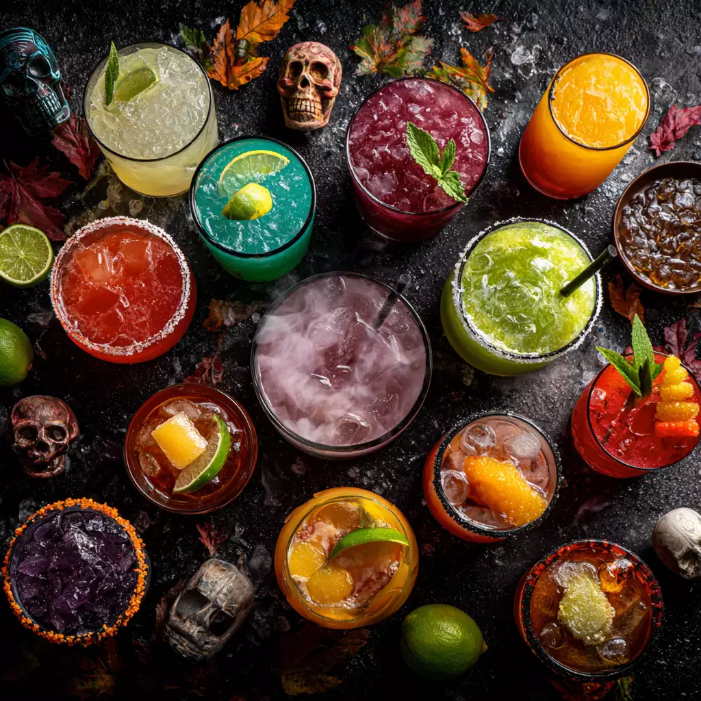 Texas Halloween Party Drinks: Spooky Cocktails and Themed Spirits Assorted colorful Halloween cocktails on a dark table with skull decorations and fall leaves