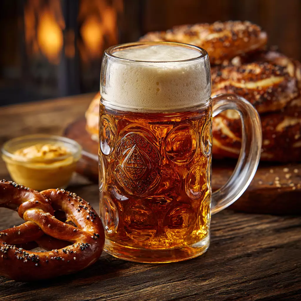 Oktoberfest in Texas: German Beers and Festival Spirits Amber Märzen beer in a stein with warm pretzels and mustard dip