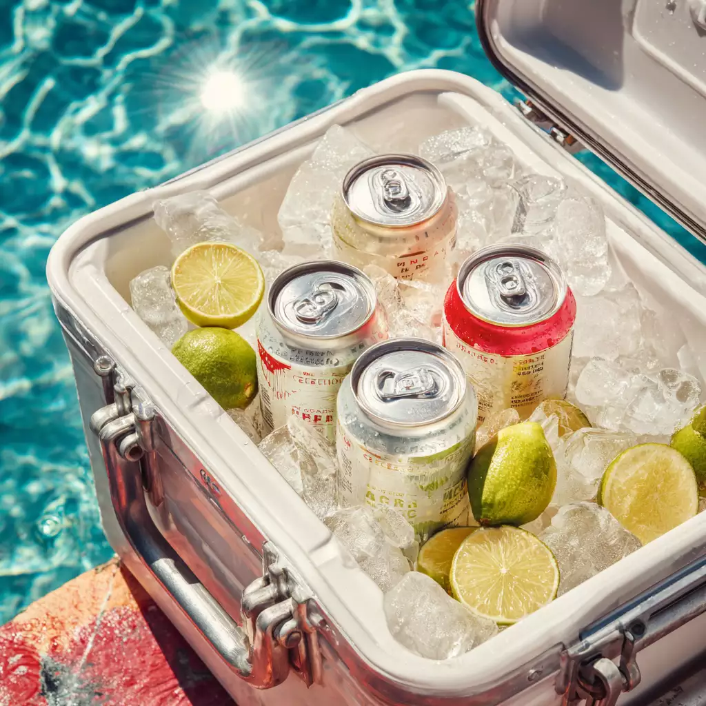 The Rise of Ready-to-Drink Cocktails in Texas: What’s Trending Now Cooler filled with canned ready-to-drink cocktails and lime wedges by a Texas pool