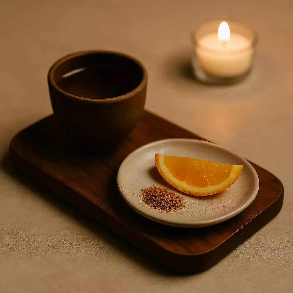 Día De Los Muertos Celebrations: Traditional Mexican Spirits A warm, cozy scene featuring a wooden tray with a ceramic cup of tea, a small plate holding an orange slice and a pinch of brown sugar or spice, and a softly glowing tealight candle in the background. The lighting is dim and golden, creating a calm, relaxing atmosphere.
