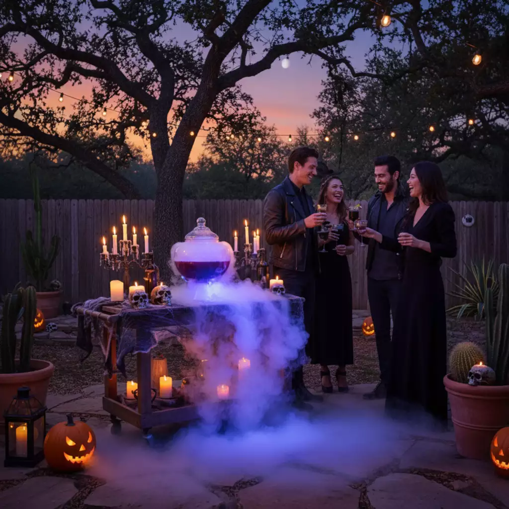Texas Halloween Party Drinks: Spooky Cocktails and Themed Spirits Friends enjoying Halloween cocktails around a foggy punch table in a Texas backyard with pumpkins and candles