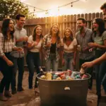 Friends gathered in a Texas backyard at sunset enjoying ready-to-drink cocktails around a cooler