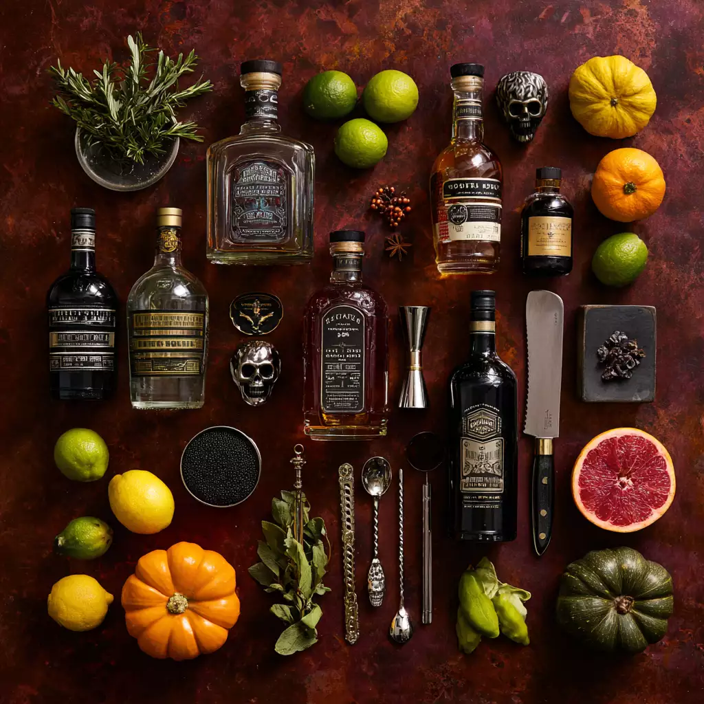 Texas Halloween Party Drinks: Spooky Cocktails and Themed Spirits Overhead flat lay of tequila, bourbon, and rum with citrus, herbs, bar tools, and skulls on a dark background
