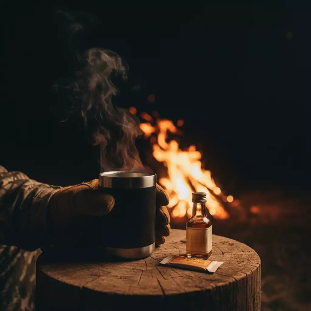 Texas Hunting Season Drinks: Whiskey, Beer, And Easy-To-Pack Spirits Hot toddy with whiskey mini and steaming mug by campfire at Texas hunting camp