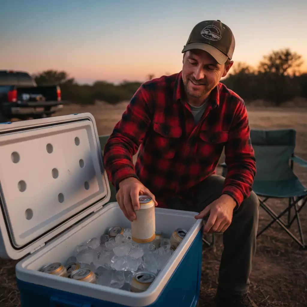 Texas Hunting Season Drinks: Whiskey, Beer, And Easy-To-Pack Spirits Hunter pulling a cold beer from a cooler filled with ice at Texas camp