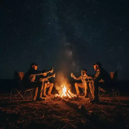 Hunters gathered around a Texas campfire at night under a starry sky