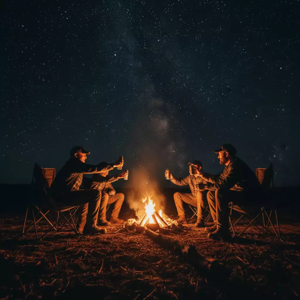 Hunters gathered around a Texas campfire at night under a starry sky
