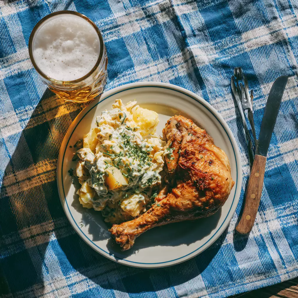 Oktoberfest in Texas: German Beers and Festival Spirits Oktoberfest Festbier pairing with roast chicken leg and potato salad on plate