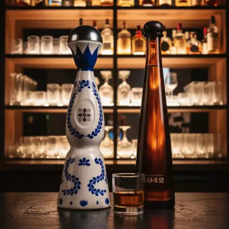 Clase Azul Reposado and Don Julio 1942 luxury tequila bottles with glass of tequila on bar