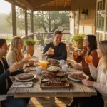 Friends enjoying a Texas morning BBQ with brisket, sides, and flavored whiskey cocktails on a rustic porch table