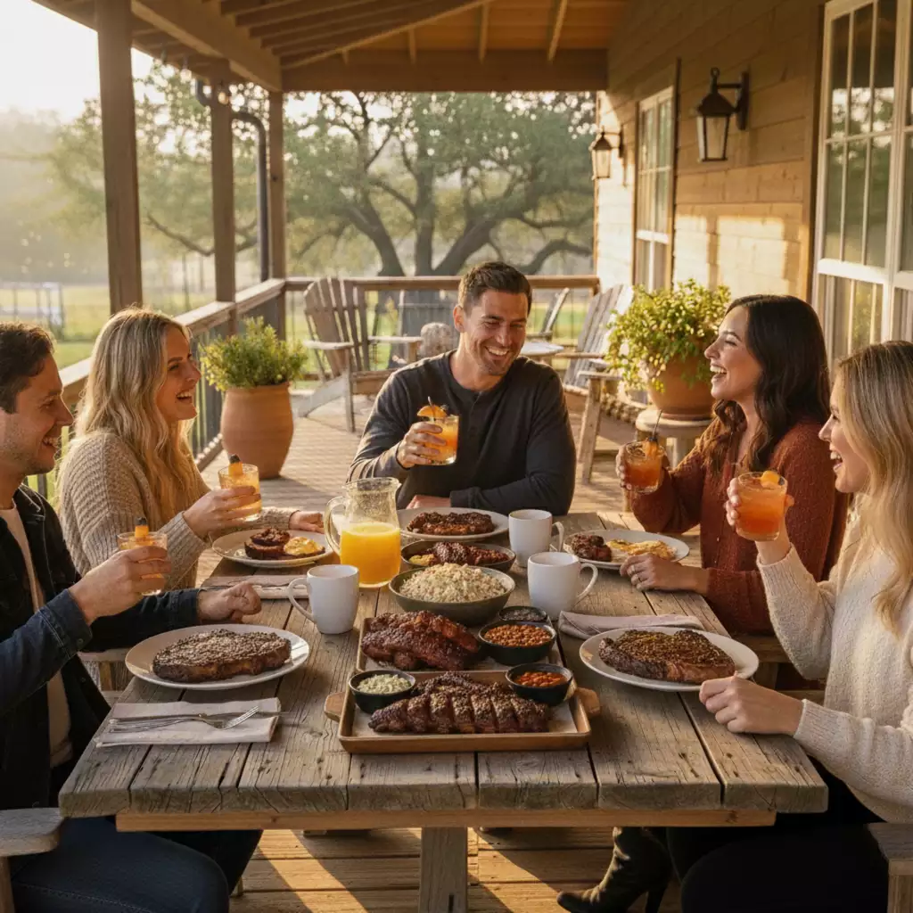 Friends enjoying a Texas morning BBQ with brisket, sides, and flavored whiskey cocktails on a rustic porch table