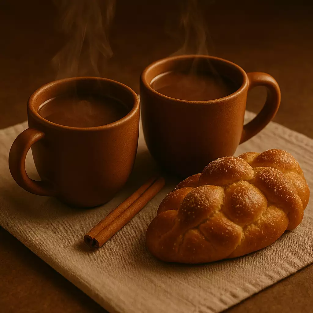 Día De Los Muertos Celebrations: Traditional Mexican Spirits A cozy close-up scene featuring two steaming mugs of champurrado placed on a linen cloth, beside a freshly baked, sugar-dusted pan de muerto and a single cinnamon stick. Warm evening lighting enhances the rich brown tones and creates a comforting, inviting atmosphere.