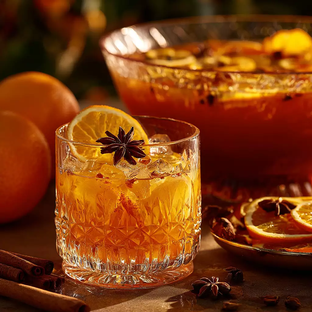 Glass of spiced rum punch with orange slice and star anise garnish next to punch bowl