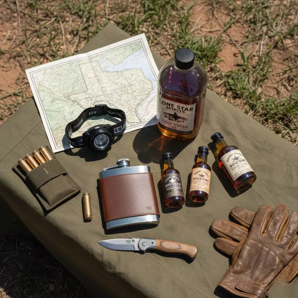 Texas Hunting Season Drinks: Whiskey, Beer, And Easy-To-Pack Spirits Texas hunting camp gear with whiskey bottles, map, flask, and gloves on canvas table