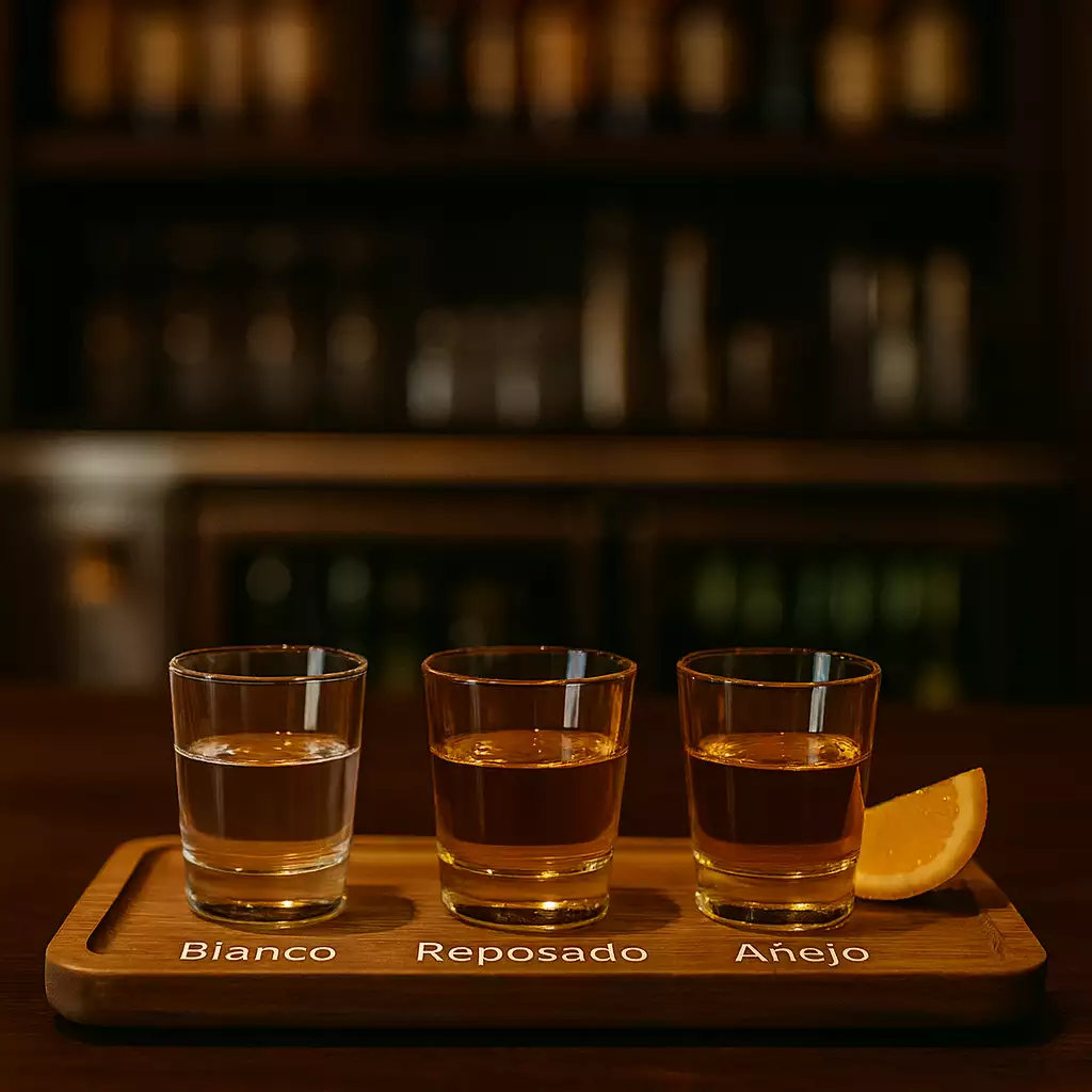 Día De Los Muertos Celebrations: Traditional Mexican Spirits Three tequila tasting glasses labeled Blanco, Reposado, and Añejo on a wooden tray with an orange slice in a warm bar setting