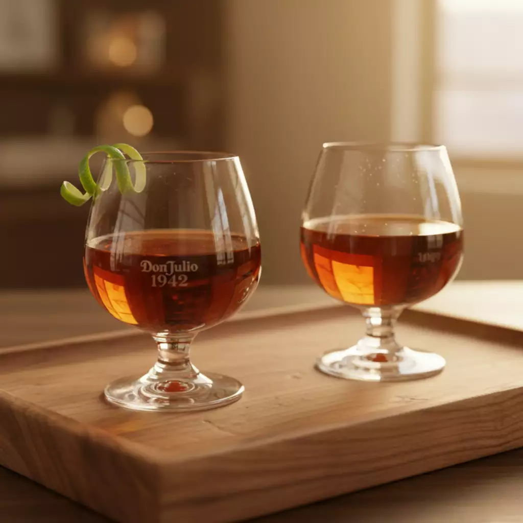 Luxury Tequilas Texans Love: Clase Azul, Don Julio 1942, and More Two crystal glasses of Don Julio 1942 Extra Añejo tequila with lime garnish on wooden tray in warm light