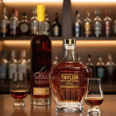 E.H. Taylor and Buffalo Trace Antique Collection whiskey bottles displayed in a Texas bar setting