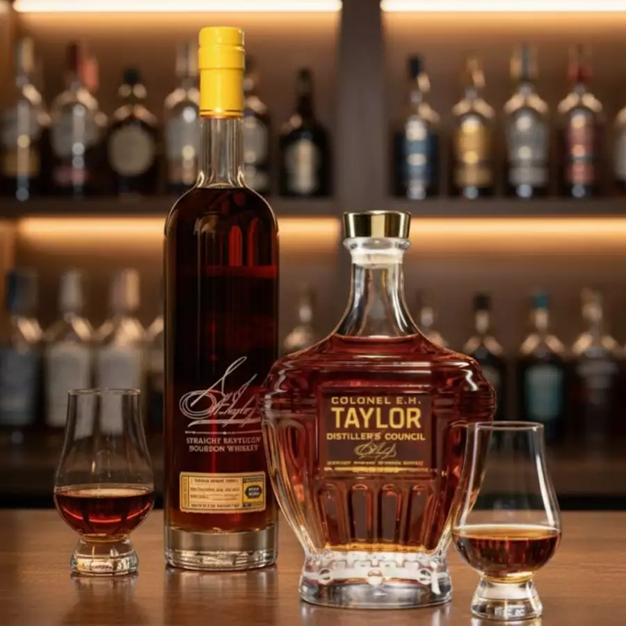 E.H. Taylor and Buffalo Trace Antique Collection whiskey bottles displayed in a Texas bar setting