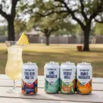 Assorted Cutwater ready-to-drink cocktails on Texas picnic table.