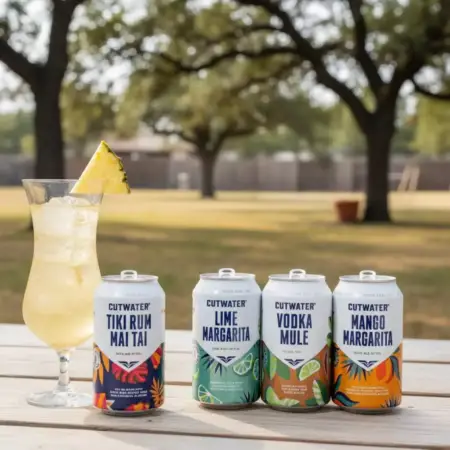 Assorted Cutwater ready-to-drink cocktails on Texas picnic table.