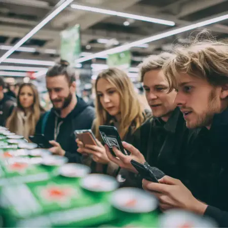 Customers at Zipps Liquor checking their phones during a busy Black Friday sale, standing beside stacked cases of beer in a brightly lit store