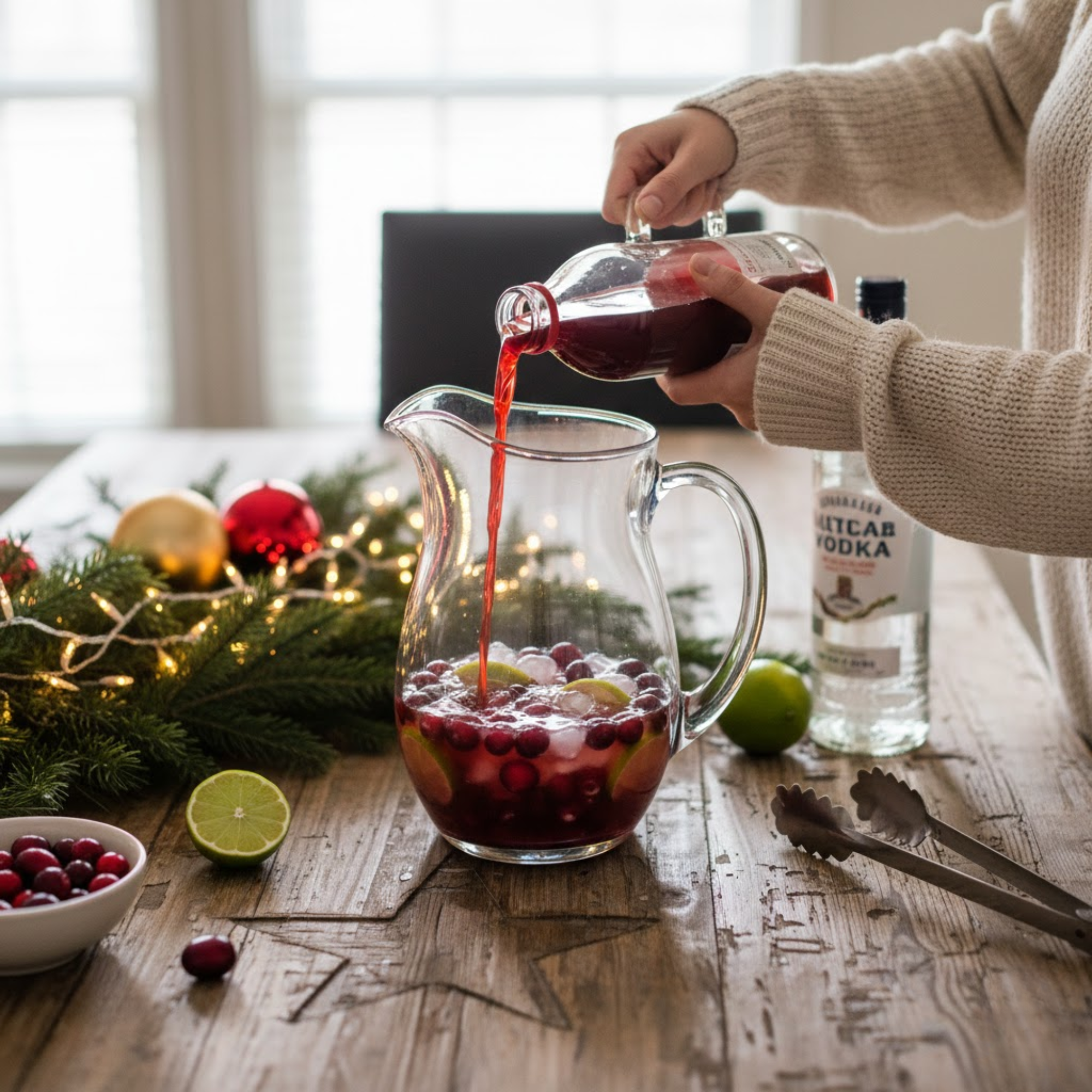Get Everything You Need for Your Next Cranberry Vodka Night Holiday pitcher of cranberry vodka punch on a decorated Texas table with cranberries and lime slices.