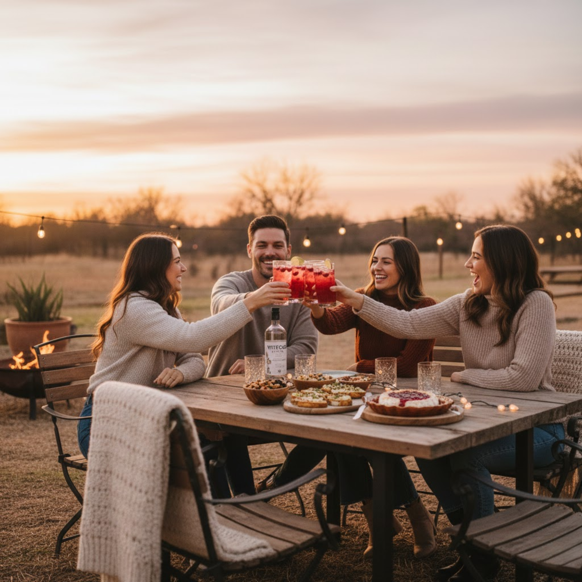 Get Everything You Need for Your Next Cranberry Vodka Night Friends raising vodka cranberry cocktails at a Texas backyard gathering at sunset.