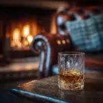 Glass of Texas whiskey beside fireplace on a cold winter night