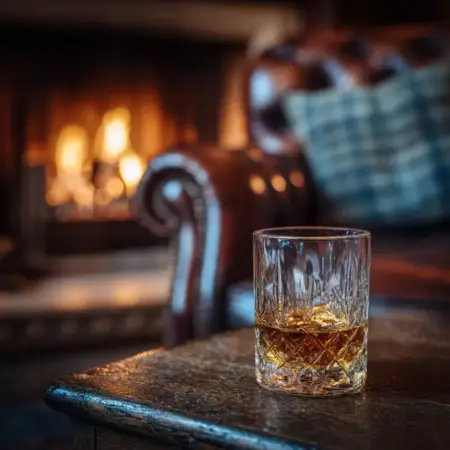 Glass of Texas whiskey beside fireplace on a cold winter night