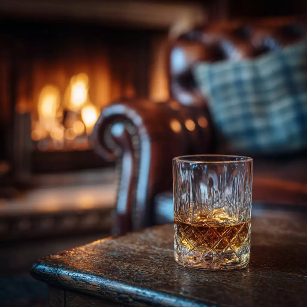 Glass of Texas whiskey beside fireplace on a cold winter night