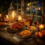 Rustic Thanksgiving dinner table set with roasted turkey, side dishes, candles, and glasses of wine in a cozy Texas home