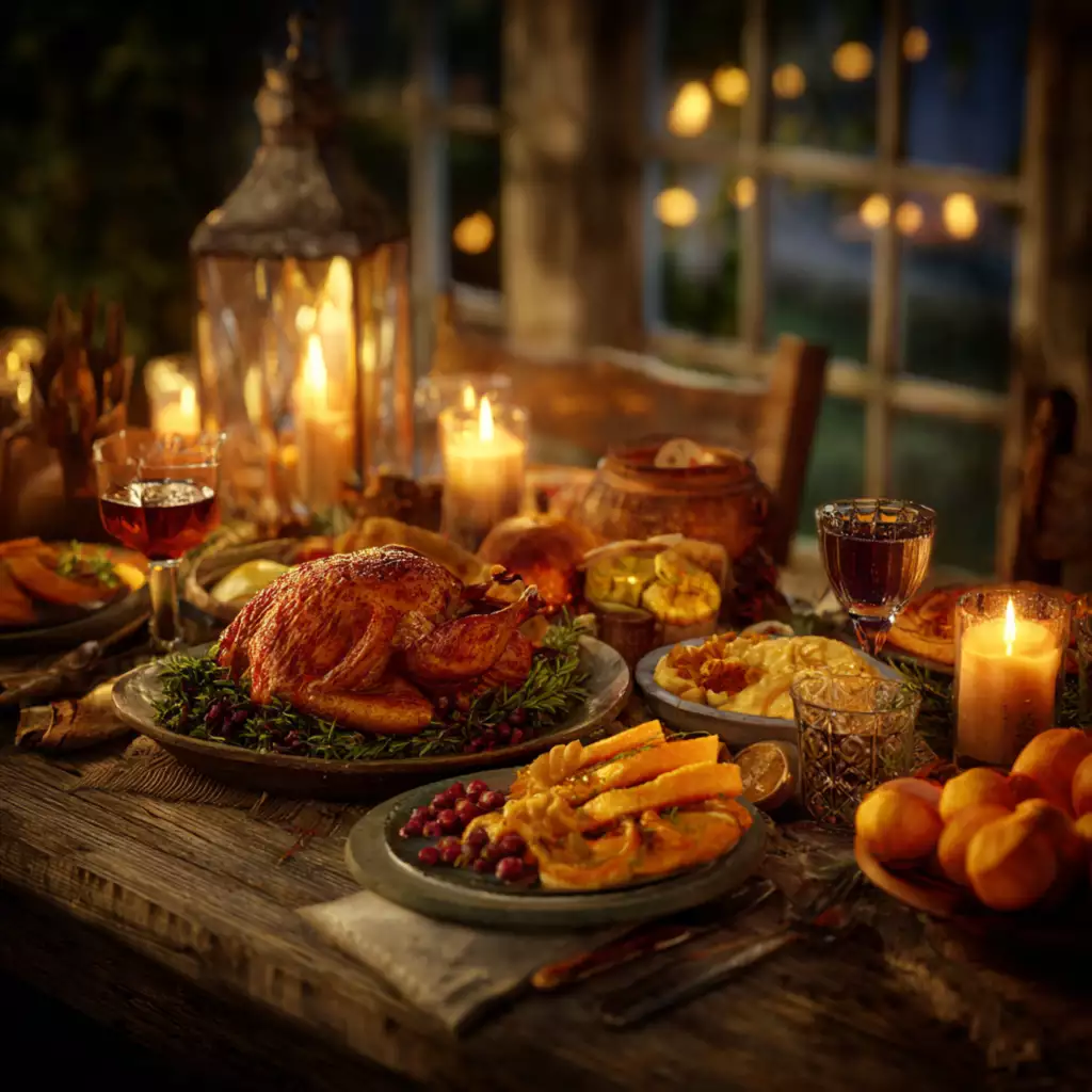 Rustic Thanksgiving dinner table set with roasted turkey, side dishes, candles, and glasses of wine in a cozy Texas home