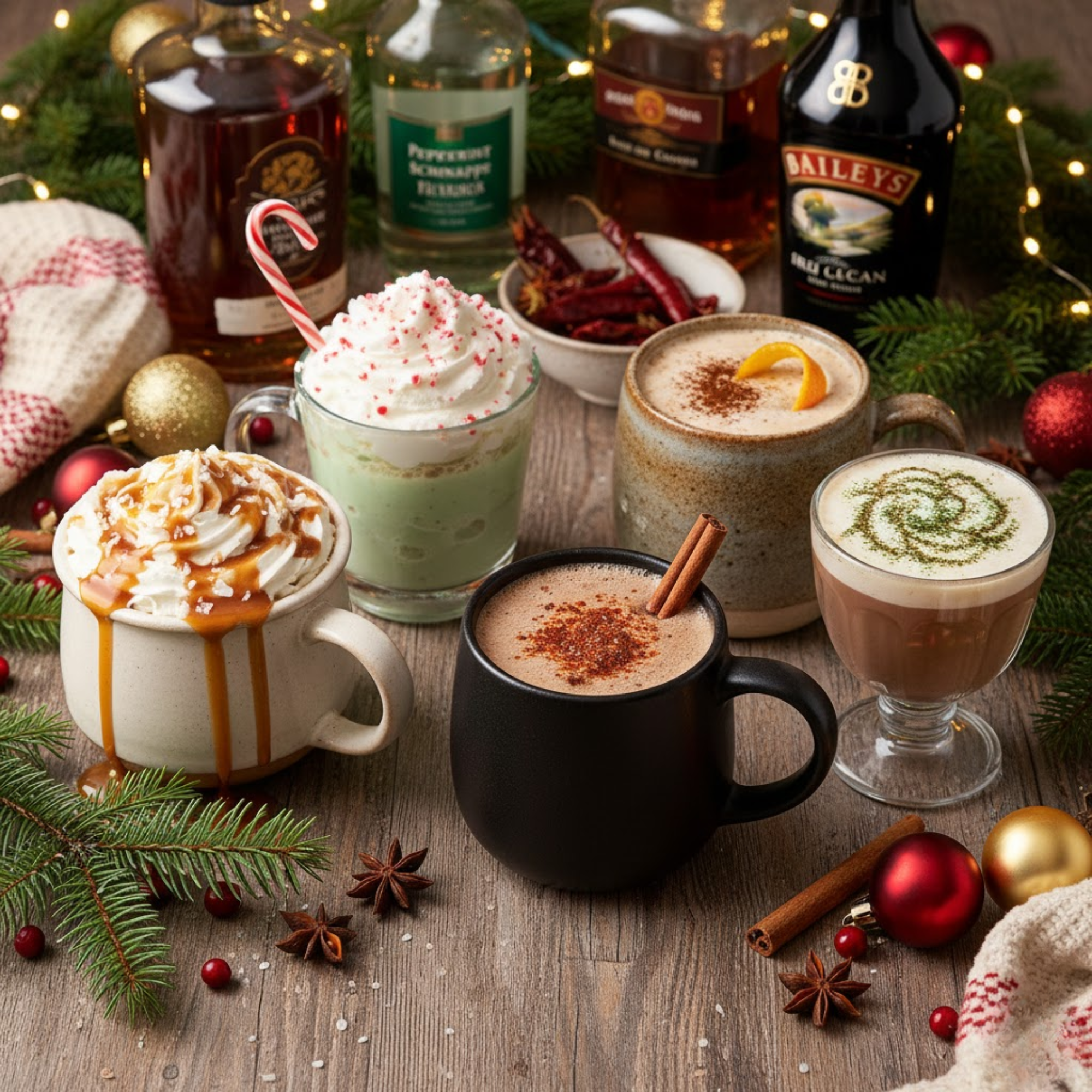 Celebrate National Cocoa Day with Boozy Hot Chocolate Recipes in Texas Five mugs of boozy hot chocolate arranged in a festive overhead flat lay with each drink garnished to match its recipe, set on a rustic wooden table with pine, ornaments, and warm Christmas lights.