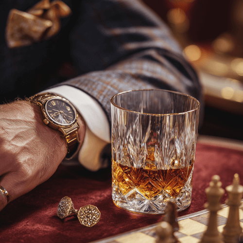 A crystal glass of bourbon on a chessboard beside a man’s wristwatch and gold cufflinks in a warm, upscale setting.