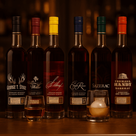 Buffalo Trace Antique Collection 2025 lineup on a rustic Texas table